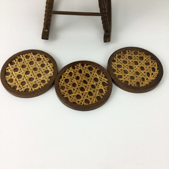 Vintage MCM wooden rattan miniature rocking chair with coasters set of 3 - Picture 9 of 13